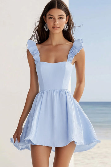 Sky Blue Chiffon A Line Short Cocktail Dress with Ruffles